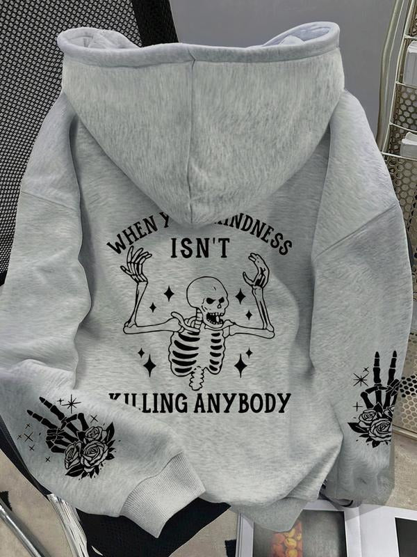 Women's Fall Winter Casual Hooded Sweatshirt, Skull Letter Print Design, Loose Fit Warm Fleece Pullover, Stylish Graphic...