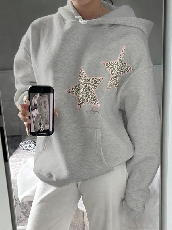 Women's Fall Winter Casual Leopard Star Print Hoodie Sweatshirt, Soft Warm Fleece Lined, Loose Fit, Graphic Letter...