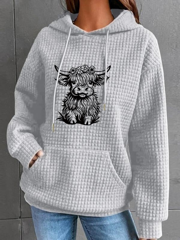 Women's Fall Winter Highland Cow Print Hoodie, Casual Loose-Fit Long Sleeve Sweatshirt, Comfortable Daily Wear T-Shirts