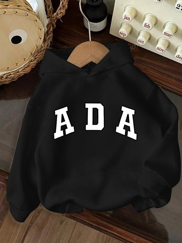 Women's Fall Winter Hooded Sweatshirt, Ada Letter Print, Loose-Fit Kangaroo Pocket Design, Casual Daily Wear for Youth &...