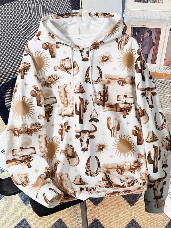 Women's Fall Winter Hooded Sweatshirt, Boho Graffiti Print, Loose-Fitting Casual Sportswear, Perfect for Daily Wear and...