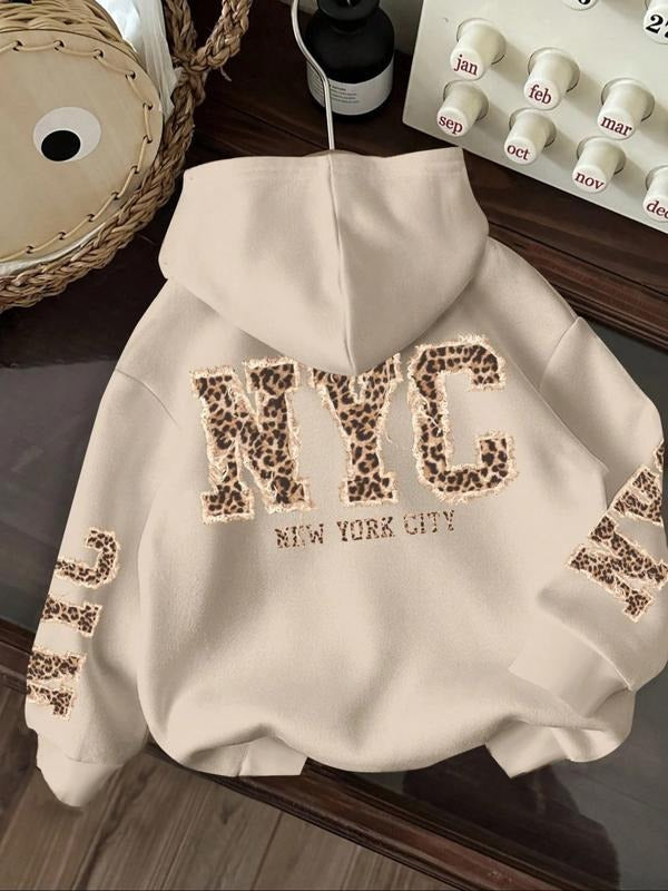 Women's Fall Winter Hooded Sweatshirt, Casual Loose-Fitting Graphic Letter Print, Nyc Leopard Pattern, Daily Wear...