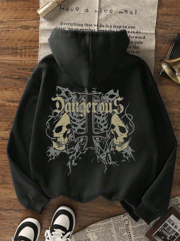 Women's Fall Winter Hooded Sweatshirt, Skull Letter Print, Casual Loose Fit, Fleece Lined, Daily Wear, Trendy Graphic...