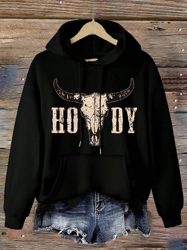 Women's Fall Winter Hooded Sweatshirt, Warm Fleece Lined, Cow Head Letter Print, Kangaroo Pocket, Casual Loose Fit...