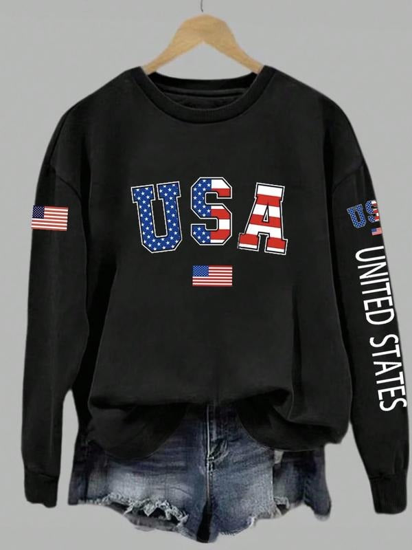 Women's Fall Winter Round Neck Pullover Sweatshirt, American Letter Print, Casual Fitted Long Sleeve, Warm Daily Wear,...