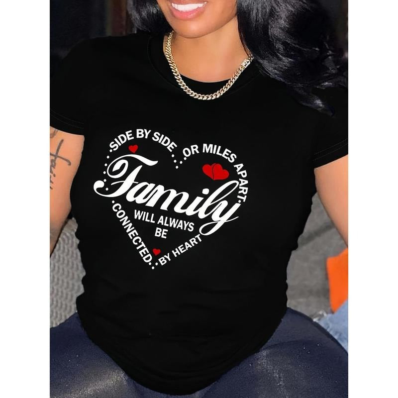 Women's Family Quote & Heart Graphic T-Shirt - Breathable Short Sleeve Crew Neck Casual Tee, Black with White Lettering,...