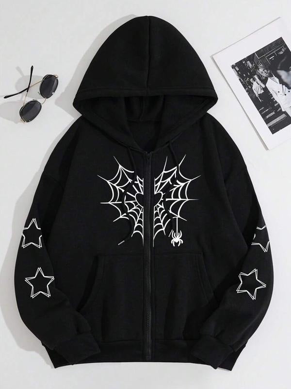 Women's Fashion Casual Printed Fleece Hoodie with Zipper, Long Sleeve Drawstring Hooded Sweatshirt, Fall & Winter...