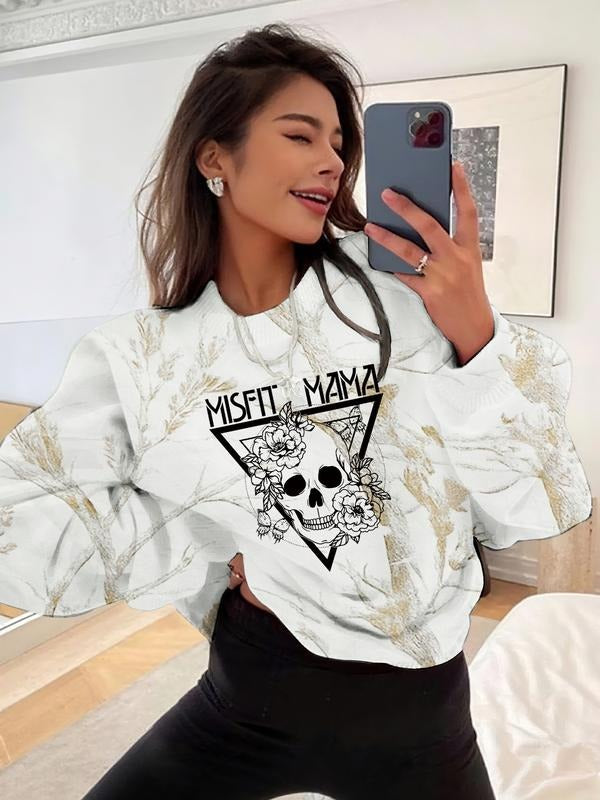 Women's Fashion Round Neck Sweatshirt with Halloween Skull Letter Print, Casual Loose Fit, Perfect Gift for Mom & Aunt...