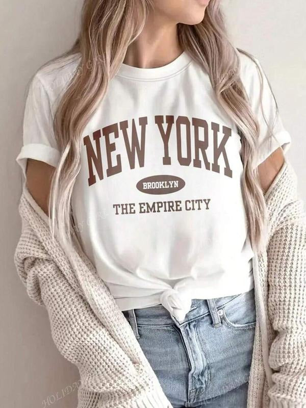Women's Fashion Simple Printed Short Sleeve T-Shirt, Casual Comfortable Daily Essential, Summer Fitted Moderate Fabric,...