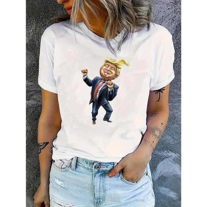 Women's Fashion Trend Cartoon Trump Printed T-shirt, Simple Casual Sports T-shirt, Comfortable Summer Top For Holidays...