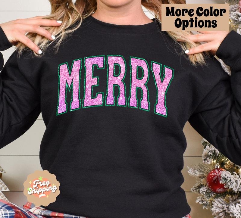 Women's Faux Glitter Merry Crewneck Sweatshirt - Loose Fit Christmas Pullover - Womenswear, Fabric T-Shirts, Hoodie