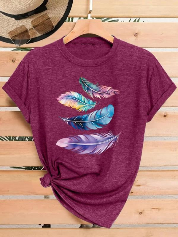Women's Feather Print Round Neck Tee, Casual Short Sleeve Crew Neck T-shirt for Summer, Fashion Women's Top for Daily...