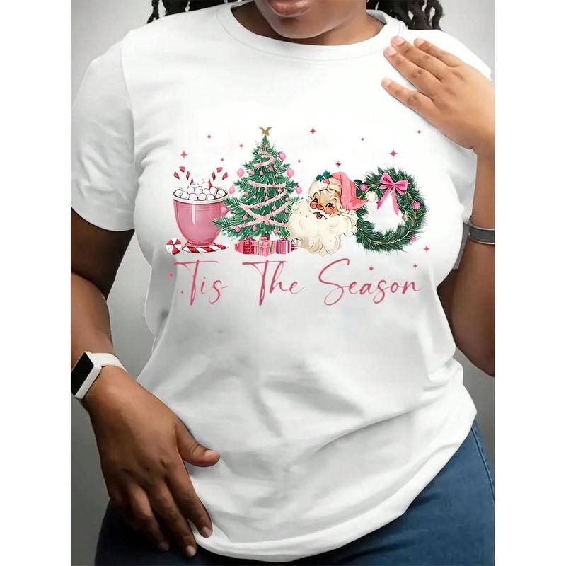 Women's Festive Christmas Tree Cup Graphic T-Shirt, Casual Round Neck Short Sleeve Top, Stretch Knit Fabric, Polyester,...