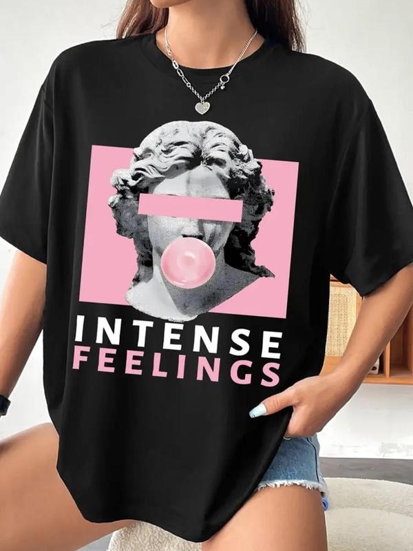 Women's Figure & Letter Print Drop Shoulder Tee, Casual Half Sleeve Round Neck T-shirt for Summer, Fashion Women's Top...