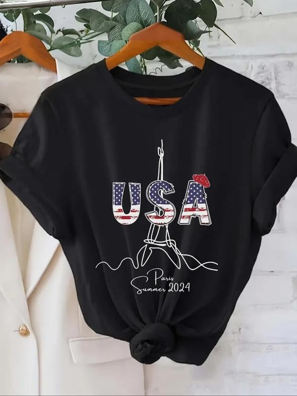 Women's Figure & Letter Print Round Neck Tee, Casual Short Sleeve Crew Neck T-Shirt for Summer, Fashion Women's Top for...