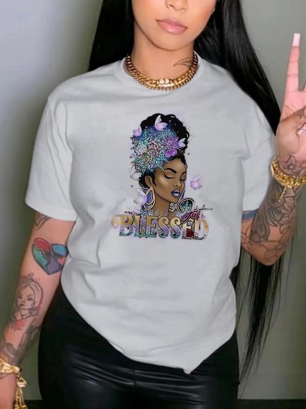 Women's Figure & Letter Print Round Neck Tee, Fashion Casual Crew Neck T-Shirt for Daily Holiday Vacation Outdoor Wear,...