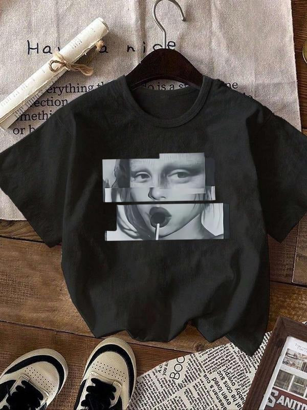 Women's Figure Print Round NeckTee, Trendy Casual Short Sleeve T-shirt for Daily Wear, Ladies Summer Outfit Hoodie,...