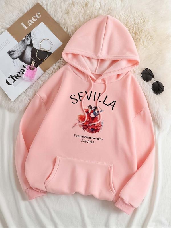 Women's Figures & Letter Print Pocket Hoodie, Casual Long Sleeve Hooded Sweatshirt for Fall & Winter, Women's Pullover...