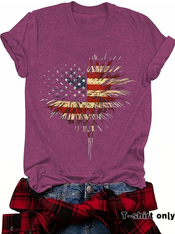 Women's Fireworks & American Flag Print Round Neck Tee, Casual Fashion Short Sleeve T-shirt for Summer, Ladies Clothes...
