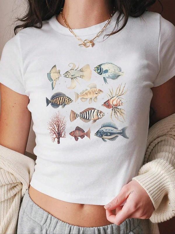 Women's Fish Print Round Neck Crop Tee, Casual Short Sleeve Crew Neck T-shirt for Summer, Ladies Clothes for Daily Wear...