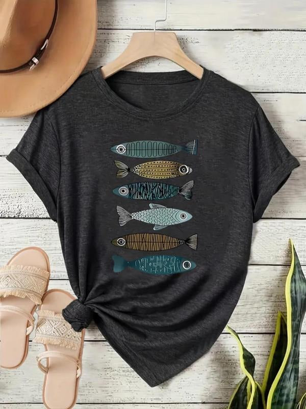 Women's Fish Print Round Neck Tee, Casual Short Sleeve Crew Neck T-Shirt for Summer, Ladies Clothes for Daily Wear, Top...