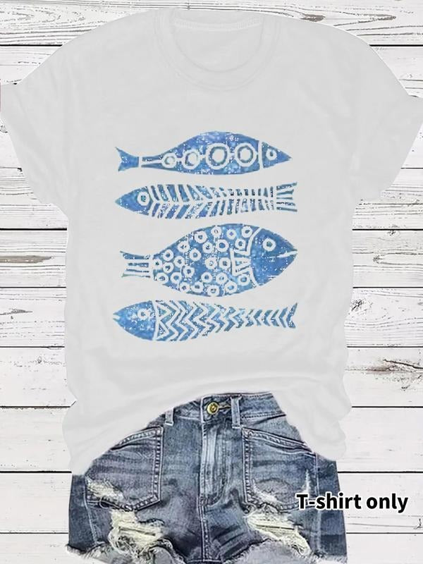 Women's Fish Print Round Neck Tee, Casual Short Sleeve Crew Neck T-shirt for Summer, Fashion Women's Top for Daily Wear...