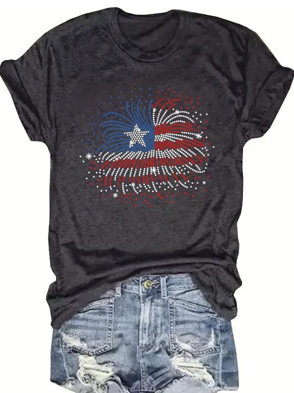 Women's Flag & Fireworks Print Round Neck Tee, Casual Short Sleeve Crew Neck T-shirt for Daily Wear, Ladies Clothes for...