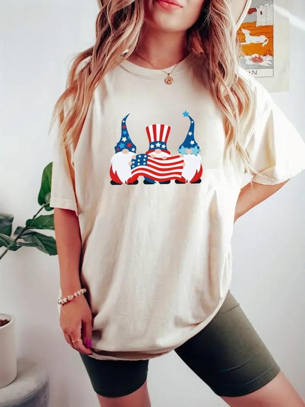 Women's Flag & Letter Print Round Neck Tee, Casual Short Sleeve T-shirt for Daily Wear, Ladies Clothes for All Seasons,...