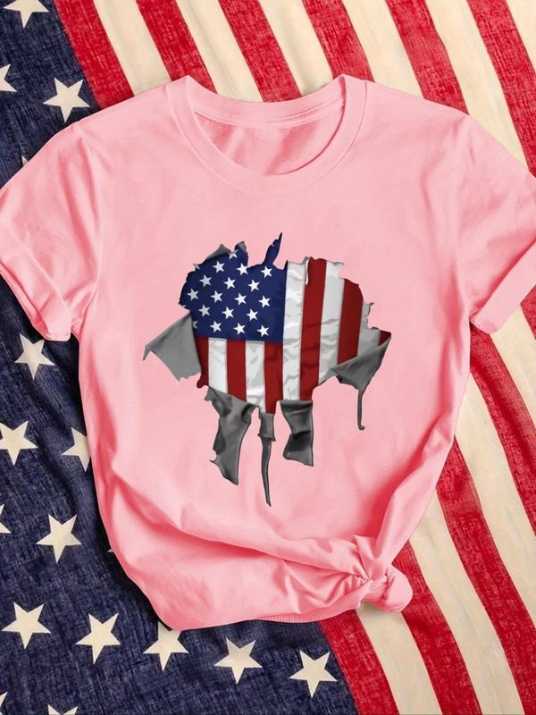 Women's Flag Graphic Print Round Neck Tee, Fashion Casual Short Sleeve T-shirt for Daily Wear, Ladies Summer Clothes...