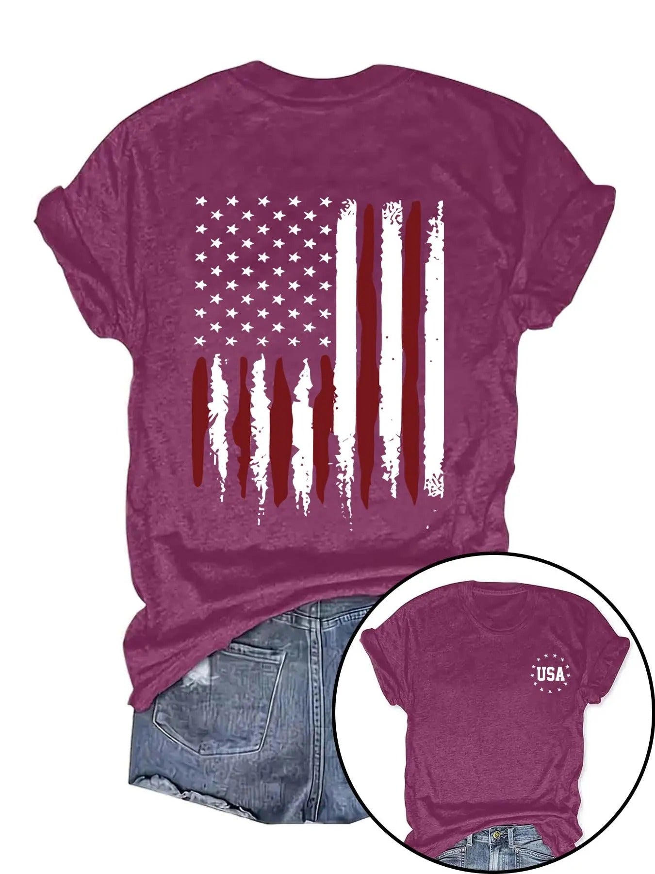 Women's Flag Print Round Neck Tee, Casual Letter Printed Short Sleeve T-Shirt, Ladies Summer Outfit Hoodie, Sweatshirt