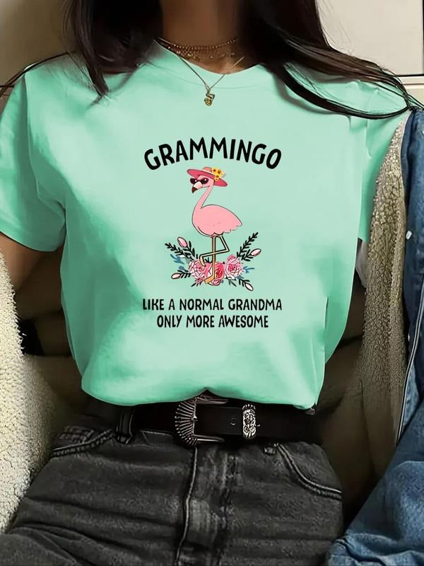 Women's Flamingo & Letter Print Crew Neck Tee, Trendy Short Sleeve T-Shirt for Daily Wear, Ladies Summer Outfit Hoodie,...