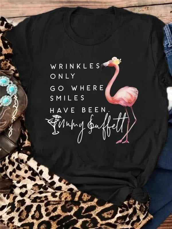 Women's Flamingo & Letter Print Round Neck  Tee, Vintage Trendy Casual Short Sleeve T-shirt for Daily Wear, Ladies Summer...