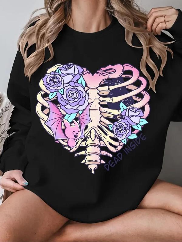 Women's Floral & Animal & Heart Skeleton Print Drop Shoulder Sweatshirt, Casual Long Sleeve Round Neck Pullover for Fall...