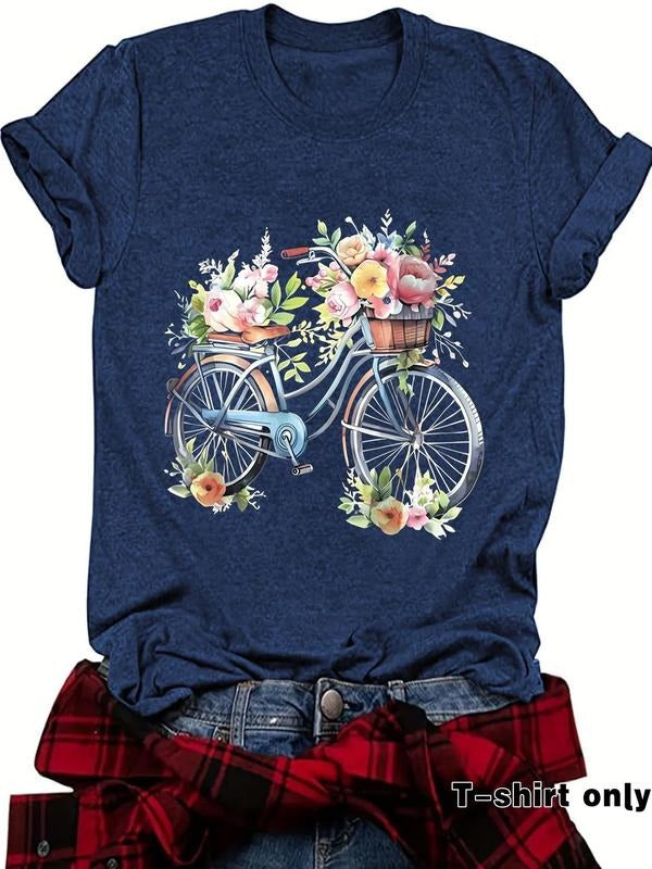 Women's Floral & Bicycle Print Round Neck Tee, Casual Short Sleeve Crew Neck T-Shirt for Summer, Fashion Women's Top for...
