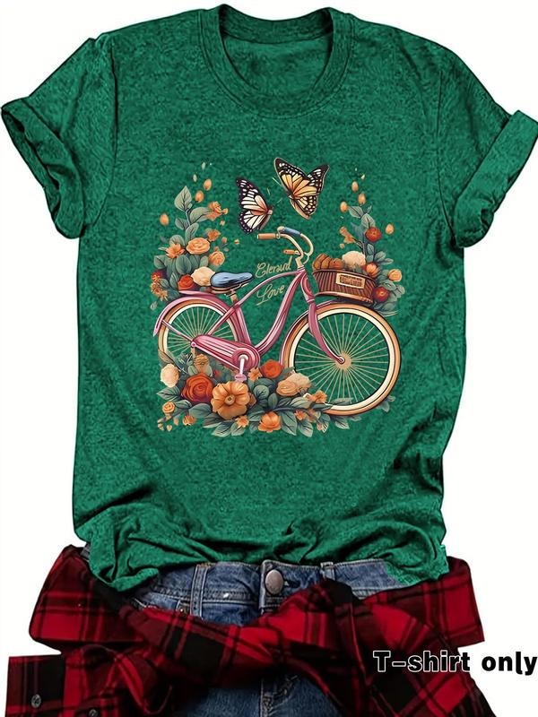 Women's Floral & Bicycle Print Round Neck Tee, Casual Short Sleeve Crew Neck T-Shirt for Summer, Fashion Women's Top for...