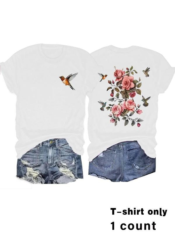 Women's Floral & Bird Print Round Neck Tee, Casual Short Sleeve Crew Neck T-shirt for Summer, Fashion Women's Top for...