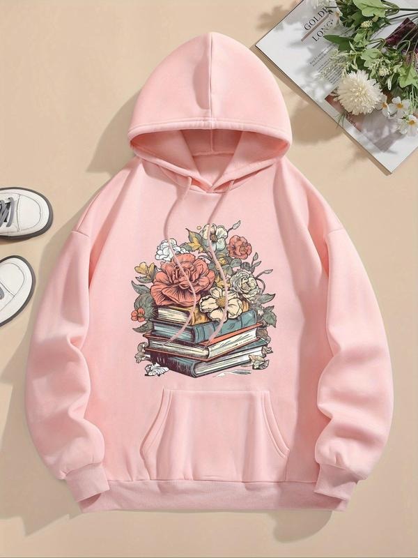 Women's Floral & Book Print Drop Shoulder Thermal Lined Hoodie, Fashion Casual Drawstring Pocket Hooded Sweatshirt for...
