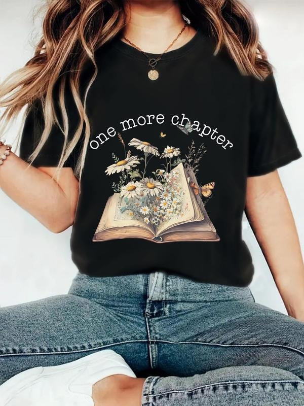 Women's Floral & Book Print Round Neck Graphic Tee, Vintage Trendy Casual Book Graphic Short Sleeve T-shirt for Daily...