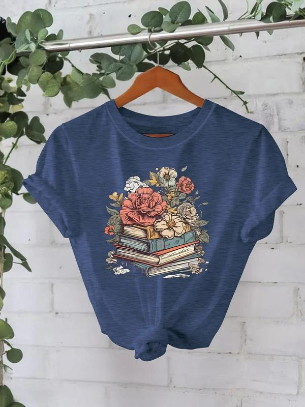 Women's Floral & Book Print Round Neck Tee, Casual Short Sleeve Crew Neck T-Shirt for Summer, Fashion Women's Top for...