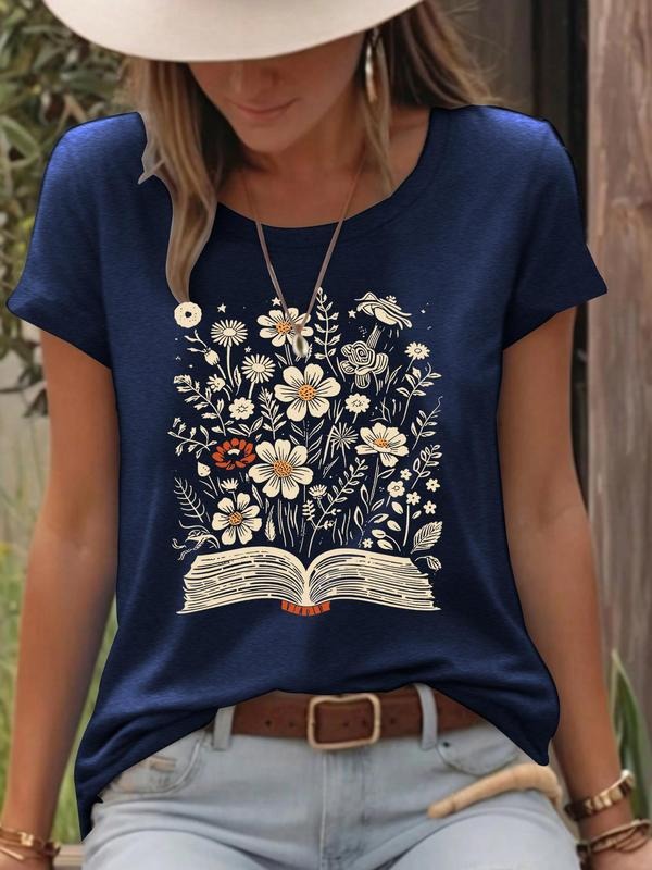 Women's Floral & Book Print Round Neck Tee, Casual Short Sleeve Crew Neck T-shirt for Summer, Fashion Women's Top for...