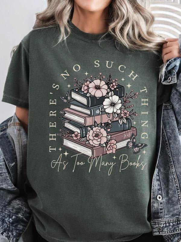 Women's Floral & Book Print Round Neck Tee, Trendy Casual Crew Neck Short Sleeve T-shirt for Daily Wear, Ladies Summer,...