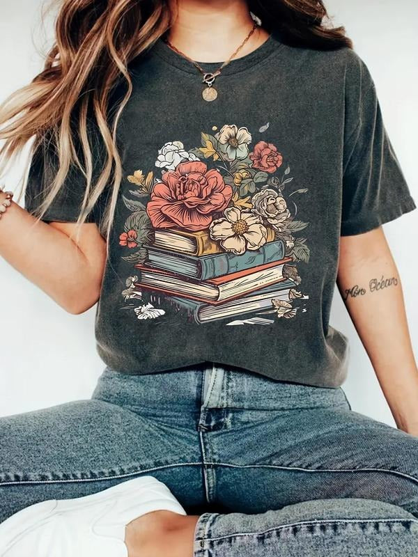 Women's Floral & Book Print Round Neck Tee, Vintage Trendy Casual Short Sleeve T-shirt for Daily Wear, Ladies Spring...