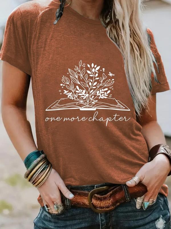Women's Floral & Book Print Round Neck Tee, Vintage Trendy Casual Short Sleeve T-shirt for Daily Wear, Ladies Summer...