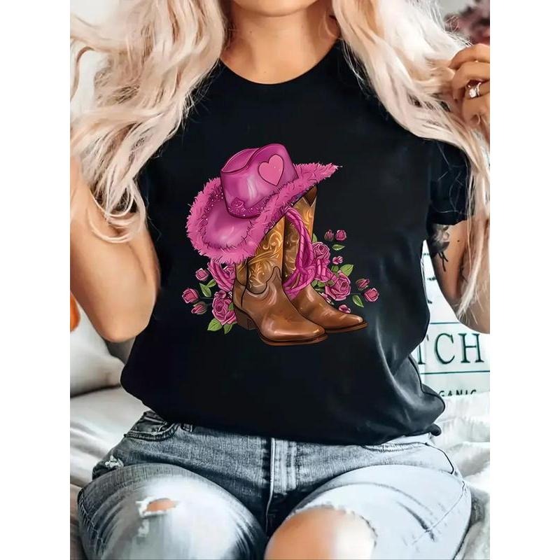 Women's Floral & Boots Print Round Neck Tee, Trendy Casual Short Sleeve Crew Neck T-shirt for Daily Wear, Ladies Summer...