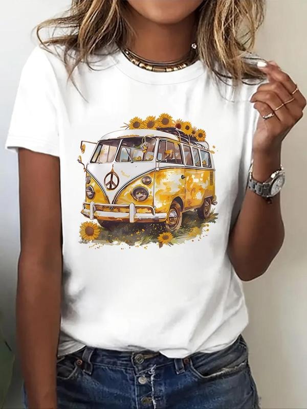 Women's Floral & Bus Print Round Neck Tee, Vintage Trendy Casual Short Sleeve T-shirt for Daily Wear, Ladies Summer...