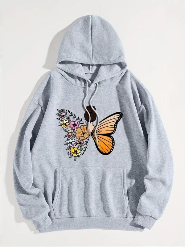 Women's Floral & Butterfly & Figure Print Drawstring Pocket Hoodie, Casual Long Sleeve Hooded Sweatshirt for Fall &...