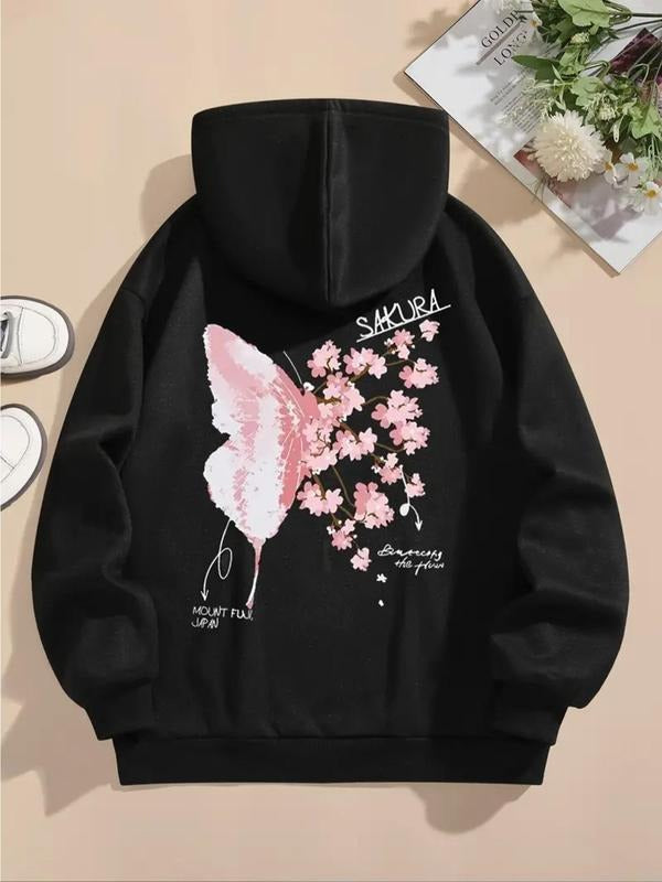 Women's Floral & Butterfly Print Drop Shoulder Drawstring Hoodie, Fashion Casual Letter Graphic Pocket Hooded Sweatshirt...