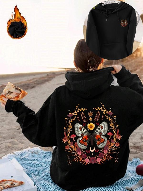 Women's Floral & Butterfly Print Drop Shoulder Hoodie, Fashion Casual Drawstring Pocket Hooded Sweatshirt for Daily...