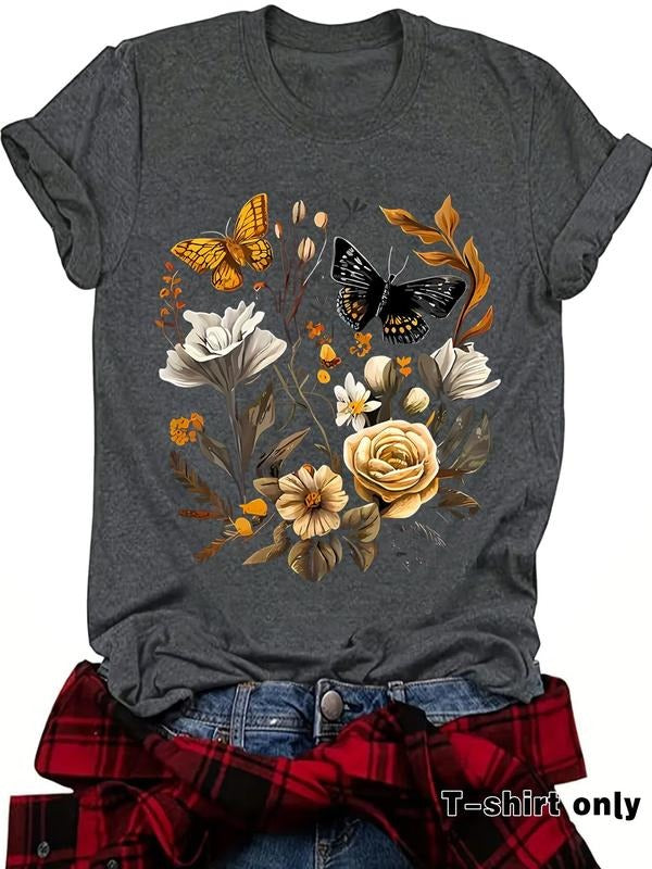 Women's Floral & Butterfly Print Round Neck Tee, Casual Short Sleeve Crew Neck T-Shirt for Summer, Fashion Women's Top...