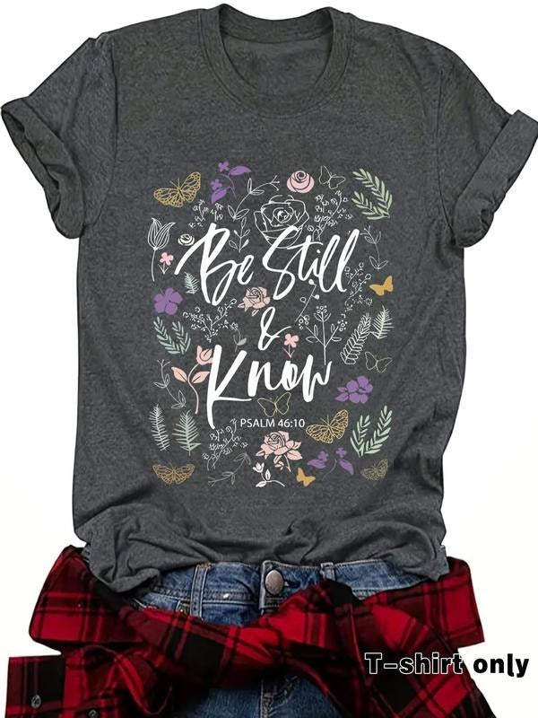 Women's Floral & Butterfly Print Round Neck Tee, Trendy Casual Crew Neck Short Sleeve T-shirt for Daily Wear, Ladies...